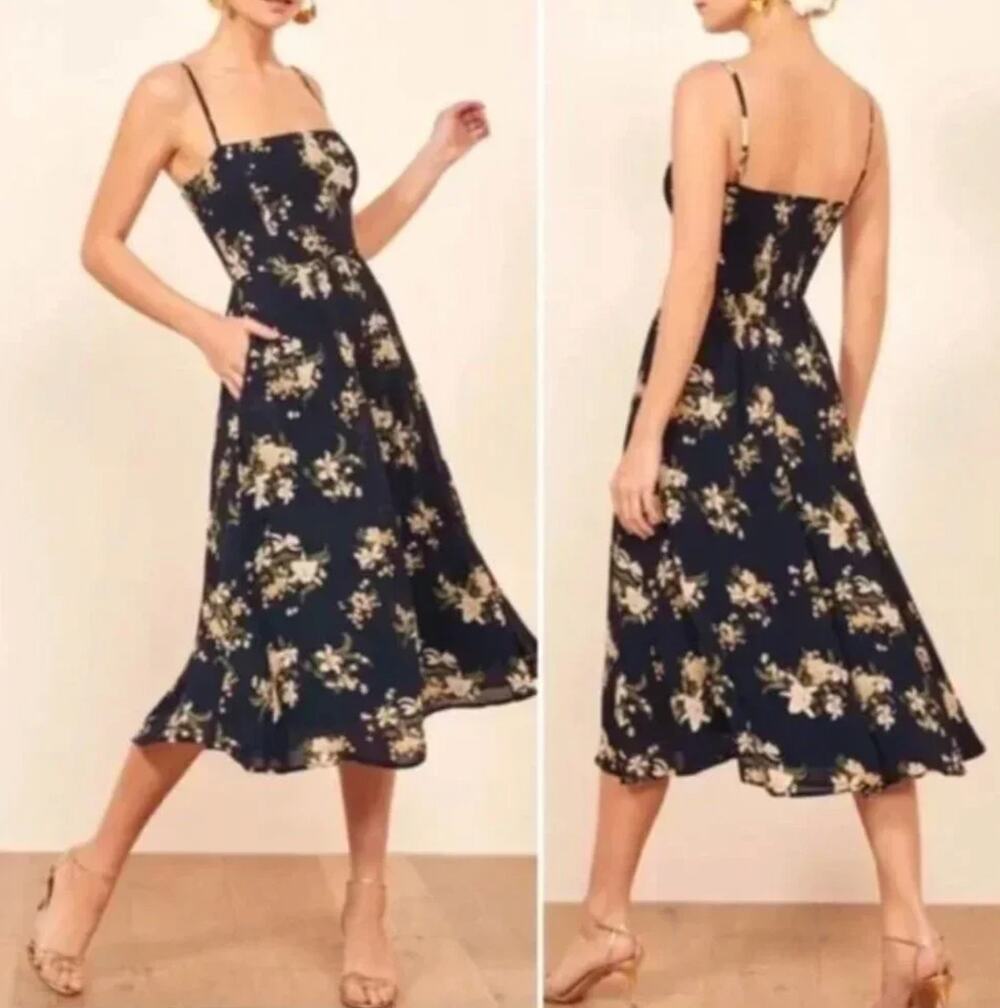 Reformation Rosehip Dress in Yolanda Navy Blue Floral Print Size 8